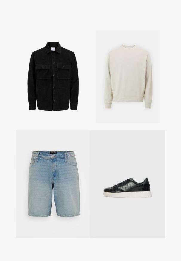 Melnas kordūru pogu jaka ar divām priekšējām atloka kabatām un klasisku apkakli, garām piedurknēm un ribotu tekstūru.; Gaišs bežs džemperis, kas izgatavots no mīkstas auduma, ar noapaļotu kakla izgriezumu, garām piedurknēm un ribotām aprocēm un apakšmalu. Minimālistisks dizains, bez redzamām rakstām.; Gaiši zila džinsu šorti ar brīvu piegriezumu, pieci kabatas, pogu aizdare un viegla izbalēšana auduma tekstūrā. Redzama zīmola etiķete.; Melni sporta apavi ar teksturētu krokodila raksta ādas augšdaļu, noapaļotu pirkstu daļu un kontrastējošu baltu gumijas zoli ar gludu virsmu.