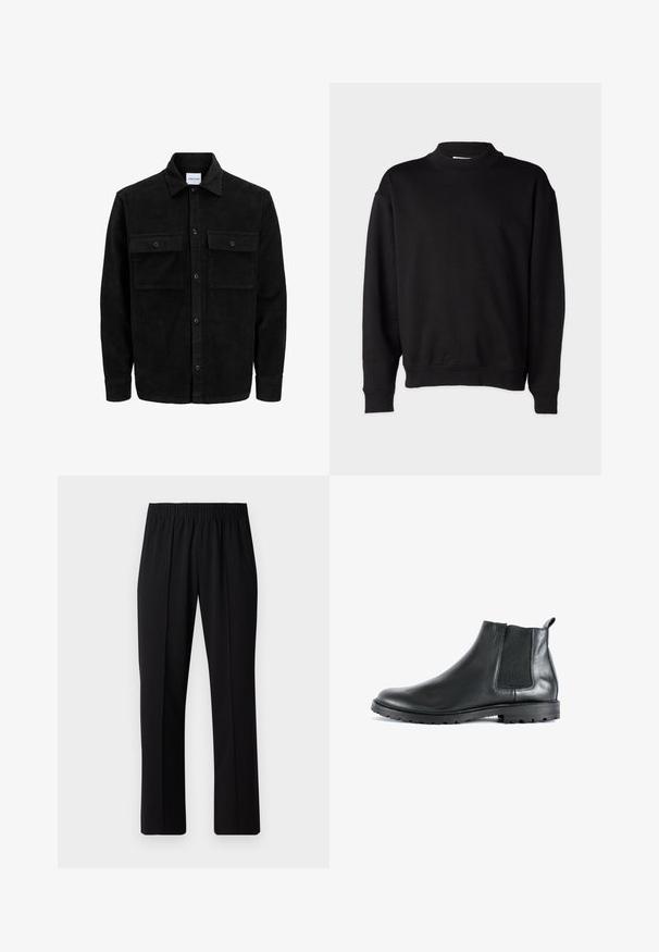 Giacca in corduroy nera con bottoni, due tasche anteriori con patta, colletto classico, maniche lunghe e texture a coste.; Felpa nera con colletto alto a costine, maniche lunghe e vestibilità rilassata. Texture morbida con polsini e orlo a costine.; Pantaloni neri con vita elasticizzata e design a gamba dritta, caratterizzati da una texture liscia e senza motivi o hardware visibili.; Stivaletti neri in pelle con pannello laterale elastico, punta rotonda e suola in gomma texturizzata. Presentano un tassello sul retro.