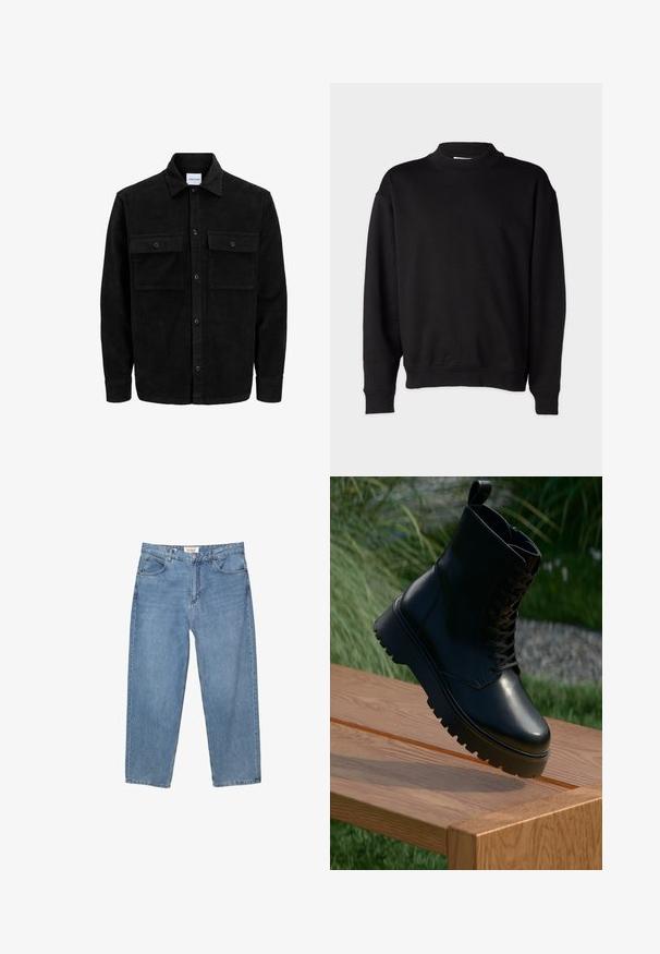 Mustat corduroy-nappi takki, jossa on kaksi etupistotaskua ja klassinen kaulus, pitkät hihat ja ribattu pinta.; Musta huppari, jossa on korkea, ribattu kaula-aukko, pitkät hihat ja rento istuvuus. Pehmeä rakenne ribatulla hihansuulla ja helmalla.; Vaaleansiniset farkut suoranlahkeisella leikkauksella, viiden taskun suunnittelulla ja näkyvällä merkkilapulla vyötäröllä.; Mustat nahkaiset nilkkakengät, joissa on teksturoitu pinta, nauhakiinnitys edessä ja tukeva, uritettu pohja. Näytetään puupinnalla, taustalla ruoho.