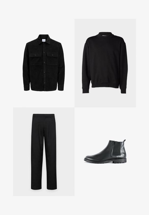 Schwarze Corduroy-Button-Up-Jacke mit zwei frontalem Klappentaschen und klassischem Kragen, langen Ärmeln und gerippter Textur.; Schwarzer Sweatshirt mit hohem, geripptem Kragen, langen Ärmeln und lockerer Passform. Weiche Textur mit gerippten Bündchen und Saum.; Schwarze Hose aus glattem Stoff, mit geradem Bein Design, zwei vorderen Falten und einem Standardbund mit Gürtelschlaufen.; Schwarze Leder-Stiefeletten mit einem elastischen Seitenpanel, runder Zehenpartie und einer strukturierten Gummisohle. Mit einer Zuglasche an der Rückseite.