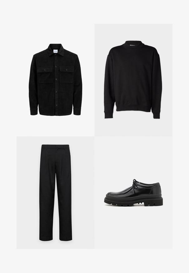 Čierna kordúrová bunda s gombíkmi, dvoma prednými vreckami so záklopkou a klasickým golierom, dlhými rukávmi a ryhovanou textúrou.; Čierna mikina s vysokým, rebrovaným golierom, dlhými rukávmi a uvoľneným strihom. Mäkka štruktúra s rebrovanými manžetami a lemom.; Čierne nohavice vyrobené z hladkej tkaniny, s rovnými nohavicami, dvoma prednými skladmi a štandardným pásom s pútkami na opasok.; Čierne kožené derby topánky so štýlovým dizajnom, zaoblenou špičkou a textúrovanou gumovou podrážkou s hlbokými drážkami pre lepšiu trakciu.