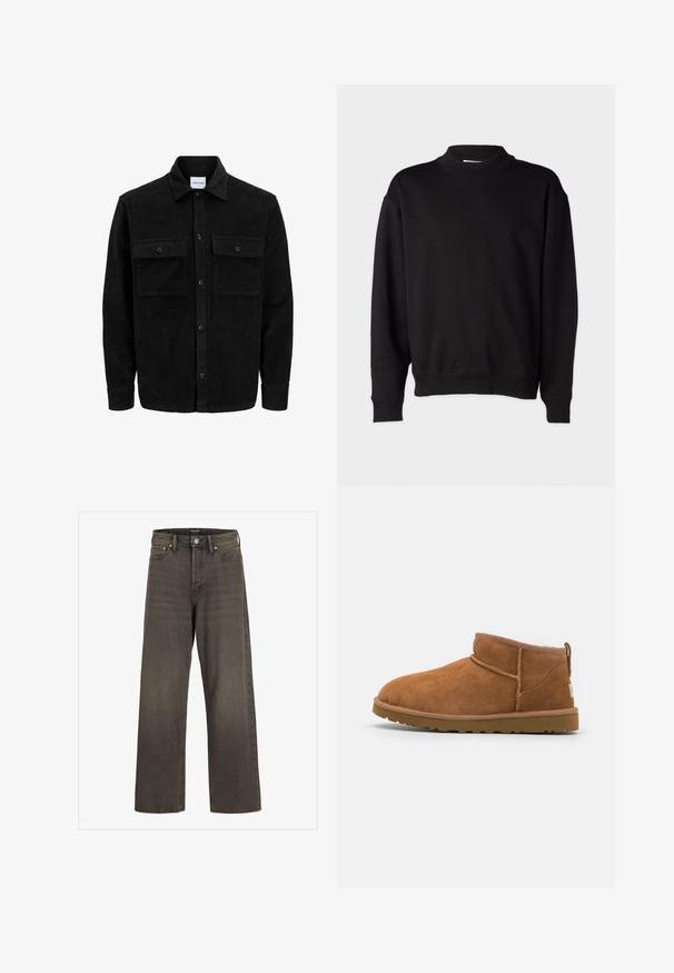 Juodas velveto mygtukų švarkas su dviem priekiniais kišenėmis su atvartais, klasikiniu apykakle, ilgomis rankovėmis ir raukšlėtu paviršiumi.; Juodas džemperis su aukštu, šonkaulinio tipo apykakle, ilgomis rankovėmis ir laisvu siluetu. Minkšta tekstūra su šonkauliniais rankogaliais ir apačia.; Plati kojinės džinsai tamsiai pilkos spalvos džinsinio audinio, su aukštu liemeniu, klasikinio penkių kišenių dizainu ir kontrastinga siuvimo linija siūlėse.; Šviesiai rudos nubuko aulinukai iki kulkšnies su apvaliu pirštu, subtiliomis siuvimo detalėmis ir tekstūruota guma padanga. Žemas aukštis be raištelių.