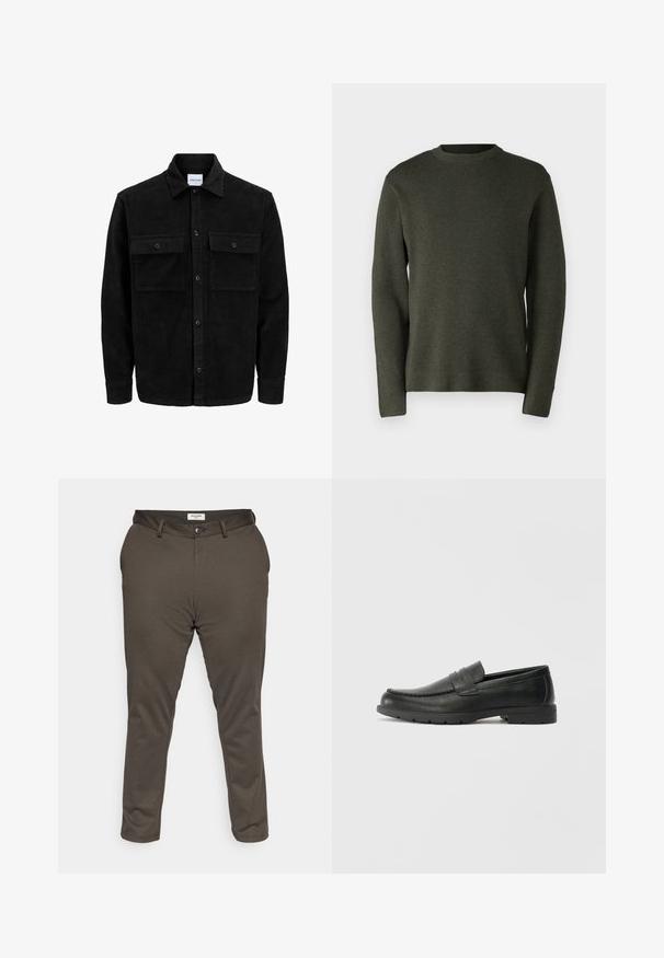 Čierna kordúrová bunda s gombíkmi, dvoma prednými vreckami so záklopkou a klasickým golierom, dlhými rukávmi a ryhovanou textúrou.; Tmavozelený sveter, vyrobený z mäkkej pleteniny. Okrúhly výstrih, dlhé rukávy a voľný strih s hladkou textúrou.; Jack & Jones JPSTMARCO JJCOOPER - Nohavice chinos - wren; Čierne kožené mokasíny s hladkým povrchom, vrchnou časťou v štýle mokasín, prešitým detailom a gumovou podrážkou. Klasický dizajn s nízkym podpätkom.