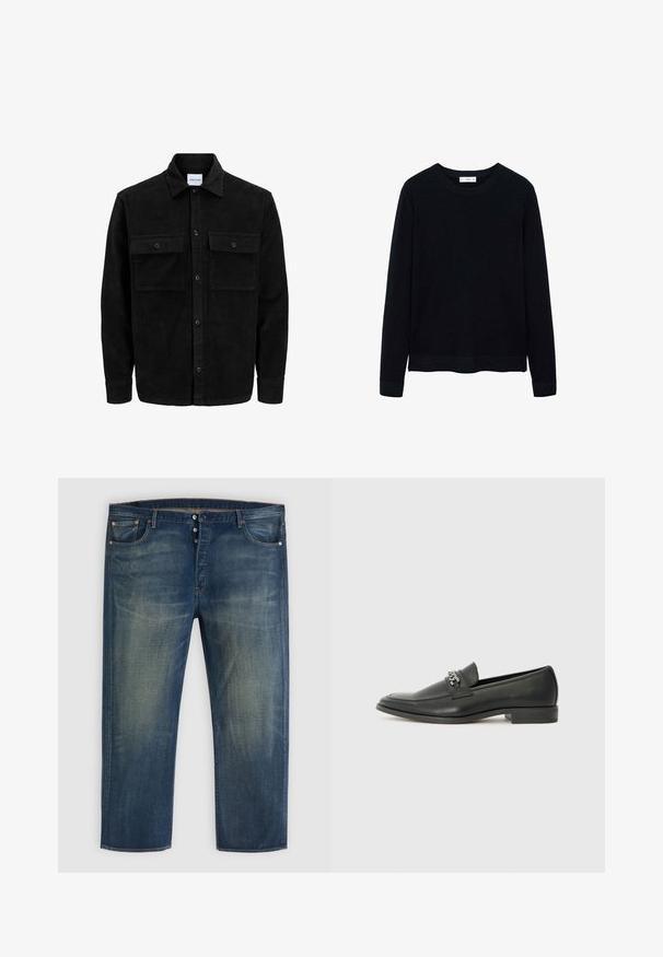 Giacca in corduroy nera con bottoni, due tasche anteriori con patta, colletto classico, maniche lunghe e texture a coste.; Maglione nero a costine con maniche lunghe, scollatura rotonda e una sottile texture. Le maniche e l'orlo chiusi aggiungono un tocco di struttura al design.; Jeans in denim blu con chiusura a bottoni, design classico a cinque tasche e dettagli sbiaditi su cosce e ginocchia.; Mocassino in pelle nera con finitura liscia, caratterizzato da un design cucito e da un accento decorativo in catena metallica sul vamp. Tacco piatto.