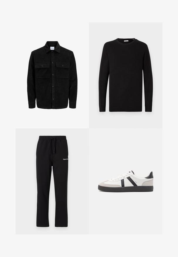 Black corduroy button-up jacket with two front flap pockets and a classic collar, long sleeves, and ribbed texture.; Black crew neck sweater, long sleeves, knitted fabric, ribbed cuffs and hem, minimalistic design, smooth texture, no visible patterns.; Black sweatpants with an elastic waistband and adjustable drawstring. Features embroidered logo on the thigh and a straight-leg design.; White sneaker with black and gray accents, featuring a textured gray toe cap, black rubber sole, and flat white laces. Clean design, minimalist style.