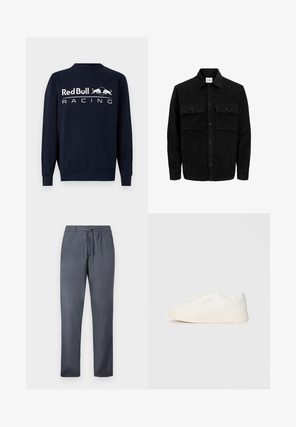 Czarna kurtka z korduru z guzikami, z dwoma przednimi kieszeniami na klapki oraz klasycznym kołnierzem, długimi rękawami i ryżowym splotem.; Granatowy długoramienny sweatshirt z bawełny, z okrągłym dekoltem i dużym białym logo "Red Bull Racing" z przodu oraz dwoma grafikami byków.; Szare spodnie wykonane z gładkiego materiału, z elastycznym sznurkiem w pasie i bocznymi kieszeniami. Prosty krój nogawki z schludnym wykończeniem.; Białe sneakersy wsuwane z teksturowanej powierzchni, grubą podeszwą i minimalistycznym designem. Zawierają logo marki z boku.