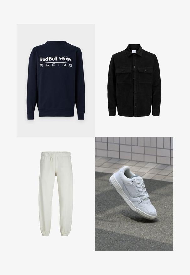 Chaqueta de pana negra con botones, dos bolsillos delanteros con solapa y un cuello clásico, mangas largas y textura acanalada.; Sudadera de manga larga en color marino, confeccionada en algodón, con un cuello redondo y un gran logo blanco de "Red Bull Racing" en el frente, acompañado de dos gráficos de toros.; Pantalones de chándal blancos hechos de una tela suave, con cinturilla y puños elásticos, que presentan una textura suave y un diseño holgado.; Zapatilla blanca de cuero con lados perforados, acentos texturizados, cordones planos y un talón gris en contraste. Presenta una suela ligeramente elevada.