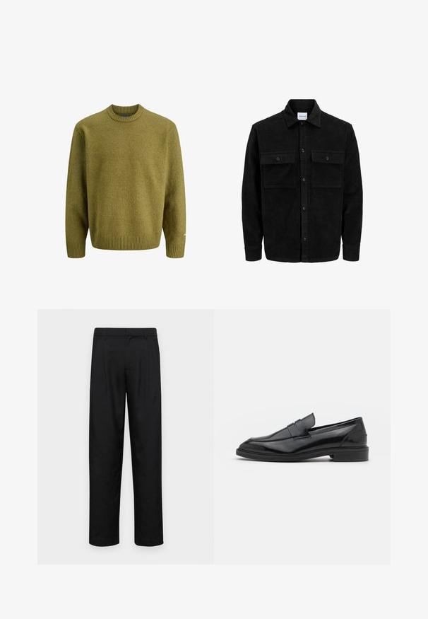 Jachetă din catifea neagră, cu butoni, două buzunare frontale cu clapetă și un guler clasic, mâneci lungi și textură ribbed.; Pulover verde măslinie realizat dintr-un material tricotat texturat, având gât rotund și margini ribbate. Croi lejer cu mâneci lungi și detalii subtile de accent.; Pantaloni negri dintr-un material neted, cu un design drept, două pliuri frontale și un tiv standard cu bucle pentru curea.; Pantofofi din piele neagră cu un finisaj neted, având vârful rotunjit și o bandă îngustă pe partea superioară. Toc mic, stratificat.