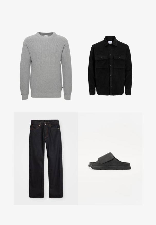 Black corduroy button-up jacket with two front flap pockets and a classic collar, long sleeves, and ribbed texture.; Gray knitted sweater with a crew neckline, long sleeves, ribbed cuffs, and hem. The fabric texture is chunky and textured. Small label on the side.; Men’s straight-leg black denim jeans with five pockets and orange stitching, button and zip closure on front waistband.; Black slide sandal with a soft suede upper, adjustable strap, cushioned footbed, and textured rubber sole for grip.