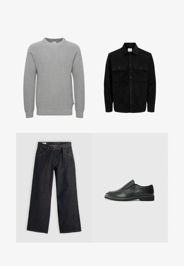 Jachetă din catifea neagră, cu butoni, două buzunare frontale cu clapetă și un guler clasic, mâneci lungi și textură ribbed.; Pulover gri tricotat cu guler rotund, mâneci lungi, manșete și tiv cu fețe ondulate. Textura materialului este groasă și texturată. Etichetă mică pe lateral.; Pantaloni largi din denim închise la culoare, cu talie beltată, având buzunare frontale și cusături contrastante. Textură netedă cu un design simplu.; Pantof de piele neagră, tip slip-on, cu un superior neted, accente cusute, vârf rotunjit și un toc jos din cauciuc. Talpa are un profil minim de aderență.