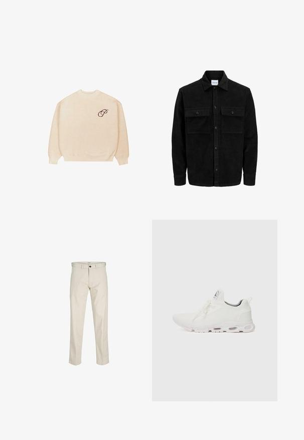 Juodas velveto mygtukų švarkas su dviem priekiniais kišenėmis su atvartais, klasikiniu apykakle, ilgomis rankovėmis ir raukšlėtu paviršiumi.; Šviesiai ruda megztinis su ilgomis rankovėmis ir banguotais elastiniais rankogaliais, su mažuoju tamsiu siuvinėtu užrašu "P" kairėje krūtinės pusėje.; Bežinės medvilninės kelnės su tiesiu siluetu, mygtukų užtrauktuku, priekinėmis kišenėmis ir siūlėmis. Lygus audinys, minimalus dekoravimas ir be raštų.; Baltos sportinės detalės batai su tekstūruotu megztu viršumi, plokščiais raišteliais ir paminkštintu padu, kuriame matomos oro kameros papildomam palaikymui.