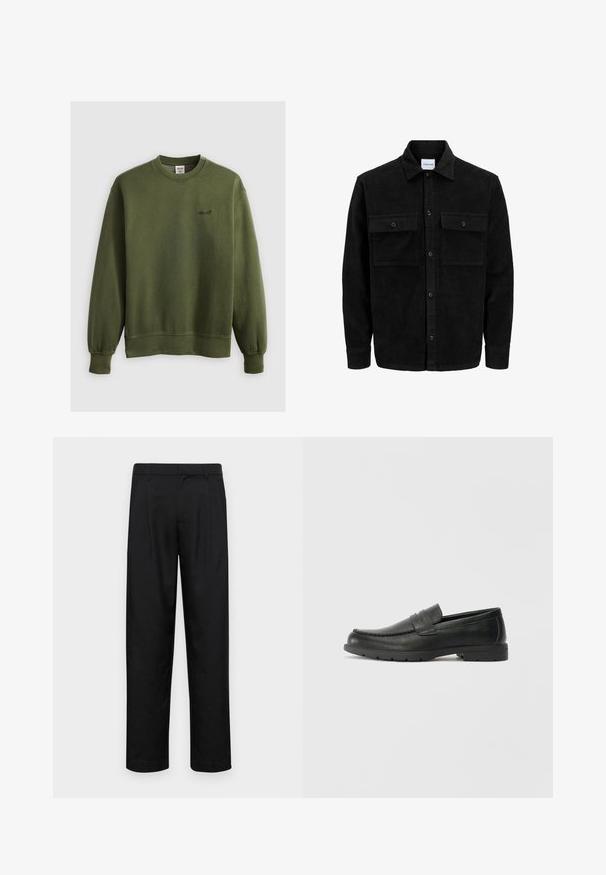 Black corduroy button-up jacket with two front flap pockets and a classic collar, long sleeves, and ribbed texture.; Green crewneck sweatshirt made of soft fabric, featuring ribbed cuffs and a small embroidered logo on the chest. Classic fit without any patterns.; Black trousers made of smooth fabric, featuring a straight-leg design, two front pleats, and standard waistband with belt loops.; Black leather loafers with a smooth finish, moccasin-style upper, stitched detailing, and a rubber sole. Classic design with a low heel.