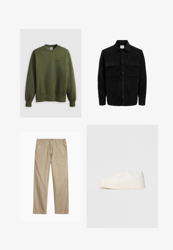 Crni kožni kord jakna na dugmad s dva prednja džepa s preklopom i klasičnim ovratnikom, dugim rukavima i rebrastom teksturom.; Zeleni dukserica s okruglim izrezom, izrađena od mekane tkanine, s rebrastim manžetama i malim vezom na prsima. Klasičan kroj bez uzoraka.; Bež chinos hlače ravnog kroja s petljama za remen, prednjim gumbom i zatvaranjem nazip, te kosi prednjim džepovima.; Bijele slip-on tenisice s teksturiranom površinom, debelim đonom i minimalističkim dizajnom. Sadrže logo branda sa strane.