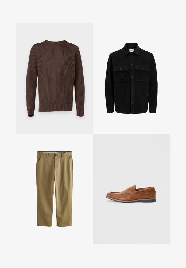 Giacca in corduroy nera con bottoni, due tasche anteriori con patta, colletto classico, maniche lunghe e texture a coste.; Jack & Jones JJJONES CREW NECK - Maglione - mulch; Chino color khaki realizzati in cotone misto, dotati di due tasche laterali, chiusura con bottone, gambe dritte e una texture liscia.; Mocassini in pelle marrone con punta tondeggiante, dettagli cuciti e suola in gomma bassa. Il design presenta una banda sulla parte superiore.