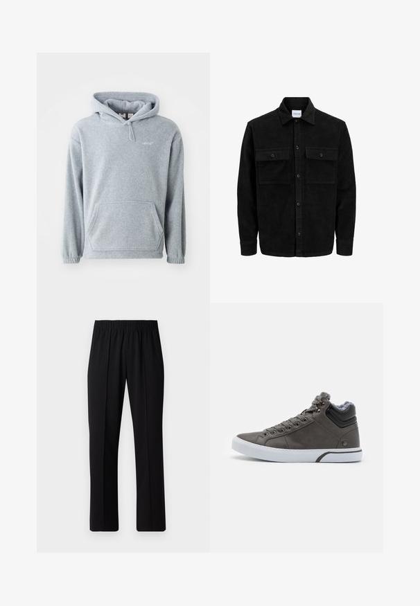 Svart kordflodjacka med knappar, två framfickor med klaff och klassisk krage, långa ärmar och ribbad textur.; Grå fleecehuva med framficka, justerbar dragsko och ribbade ärmslut. Har en liten logotyp på bröstet.; Svart, elastisk midja byxor med raka ben, med en mjuk yta och utan synliga mönster eller metalldetaljer.; Grå hög sneakers med slät läderöverdel, vit gummisula, vadderad krage och metallöglor för snörning. Fuzzy grå foder synligt.