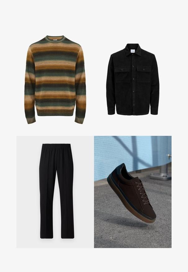 Mustmustöös nupuga jope, millel on kaks eesmist klapiga taskut ja klassikaline kaelus, pikad varrukad ning ribakujuline tekstuur.; Rööbastega kampsun rohelise, pruuni ja beeži tooni. Omab soonilist tekstuuri, ümmargust kaelaauk ja pikad varrukad, millel on kitsenev alläär.; Mustad, elastse puusärgid sirge säärega, mis on sileda tekstuuriga ja ilma nähtavate mustrite või riistadega.; Pruunist nubuknahast ülemisest osast koosnevad tennisekingad, ümarad varbad ja mustad nahkdetailid. Omab pruuni paelu, kummist tallat ja peeneid perforatsioonide elemente.