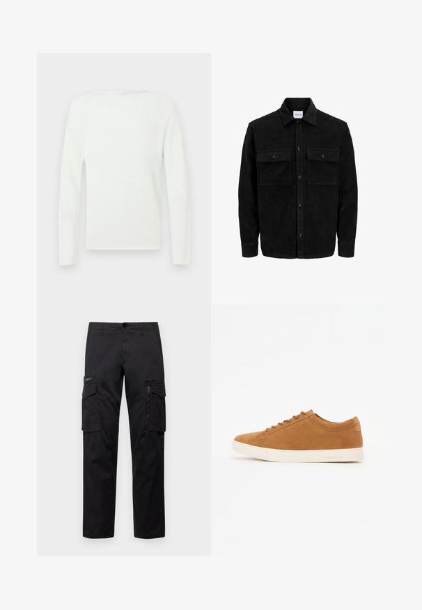 Veste en velours côtelé noire à boutons, avec deux poches à rabat à l'avant et un col classique, des manches longues et une texture côtelée.; Pull over à col rond à manches longues, de couleur blanche, avec une texture lisse et un design ajusté.; Pantalons cargo noirs avec plusieurs poches, une poche zippée sur la cuisse, coupe droite et tissu en coton résistant avec un léger éclat.; Baskets en daim marron avec un design basse, semelle en caoutchouc blanche et bout rond. Présente des lacets assortis et un branding minimal au niveau du talon.