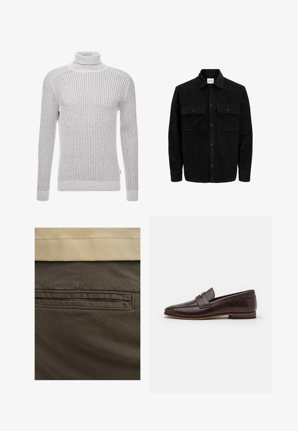 Jachetă din catifea neagră, cu butoni, două buzunare frontale cu clapetă și un guler clasic, mâneci lungi și textură ribbed.; Pulover gri cu guler înalt, cu mâneci lungi, având un model texturat și o siluetă ajustată la gât și la manșete.; Pantaloni din bumbac maroni cu un buzunar posterior vizibil, accentuați de cusături subtile și o textură netedă. Talie este într-o nuanță de bej contrastantă.; Mocasini din piele maro cu un accent împletit pe partea superioară, finisaj neted, vârf ușor ascuțit și tocul jos, stratificat.