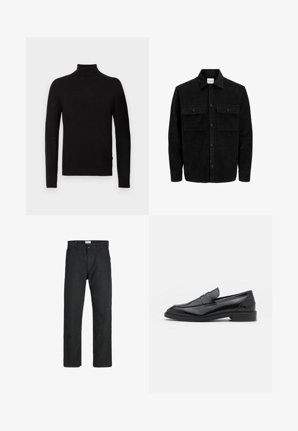 Juodas velveto mygtukų švarkas su dviem priekiniais kišenėmis su atvartais, klasikiniu apykakle, ilgomis rankovėmis ir raukšlėtu paviršiumi.; Juoda ilgomis rankovėmis kaklo megztinis su raukiniais ant apykaklės, rankovių ir apačios, rodomas prieš baltą foną.; Juodi kelniai, pagaminti iš tvirto audinio, su tiesiomis kojomis, siuvinėtomis detalėmis ir dviem priekinėmis kišenėmis funkcionalumui.; Juodos odinės loafers batai su lygiu paviršiumi, turintys apvalią noselę ir siaurą juostelę per viršų. Žemas sluoksnis kulnas.