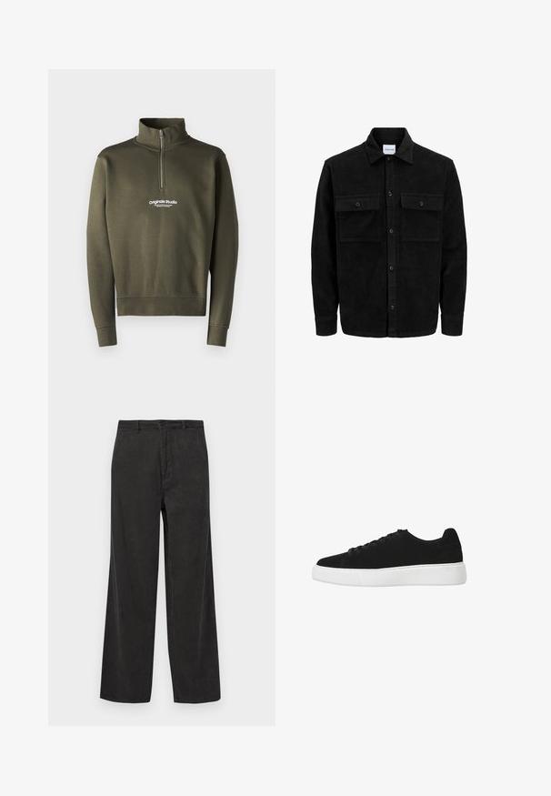 Zwarte corduroy knopenjack met twee voorste klepzakken en een klassieke kraag, lange mouwen en ribbelstructuur.; Olijfgroene ritscreater met hoge kraag, voorzien van een wit logo op de borst, gemaakt van een zachte, gestructureerde stof.; Zwarte corduroypantalon met een wijdbenig ontwerp, voorzien van een verticale ribbeltextuur, een ritssluiting met knoopsluiting en voorzakken.; Zwarte suède sneaker met een afgeronde neus, vetersluiting aan de voorkant en witte rubberen zool. Eenvoudig ontwerp met minimale accenten en een gladde textuur.