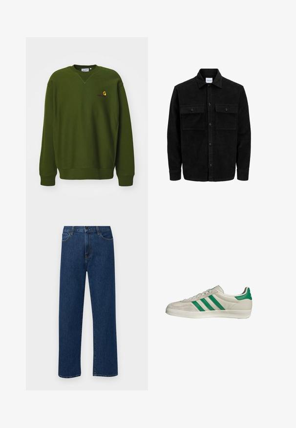 Schwarze Corduroy-Button-Up-Jacke mit zwei frontalem Klappentaschen und klassischem Kragen, langen Ärmeln und gerippter Textur.; Olivenfarbener Pullover mit lockerer Passform, Rundhalsausschnitt und gerippten Bündchen. Verfügt über ein kleines, gelbes und lila gesticktes Logo auf der Brust.; Dunkelblaue gerade geschnittene Jeans mit Fronttaschen und Knopfverschluss, auf einem schlichten weißen Hintergrund präsentiert.; Beige Sneaker mit grünen Streifen, ausgestattet mit einer weißen Sohle und einem Obermaterial aus glattem Leder. Seitenansicht, die die Schnürdetails und das Logo hervorhebt.