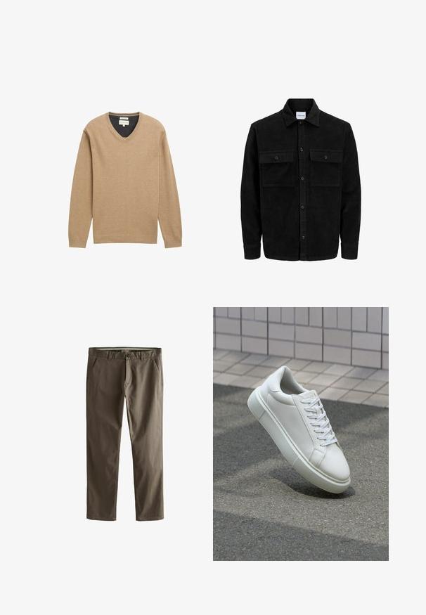 Schwarze Corduroy-Button-Up-Jacke mit zwei frontalem Klappentaschen und klassischem Kragen, langen Ärmeln und gerippter Textur.; Beige V-Ausschnitt-Pullover aus weichem Strickstoff, mit langen Ärmeln und geripptem Saum. Dezentes Logo-Detail auf der Brust.; Braune Baumwoll-Chinos mit geradem Beinschnitt, frontalen Taschen und Knopfverschluss. Merkmale sind eine glatte Textur und klare Linien.; Weiße Leder-Sneaker mit glatter Oberfläche, runder Zehenpartie und flachen weißen Schnürsenkeln. Verfügt über eine strukturierte Gummisohle und minimalistische Designelemente.