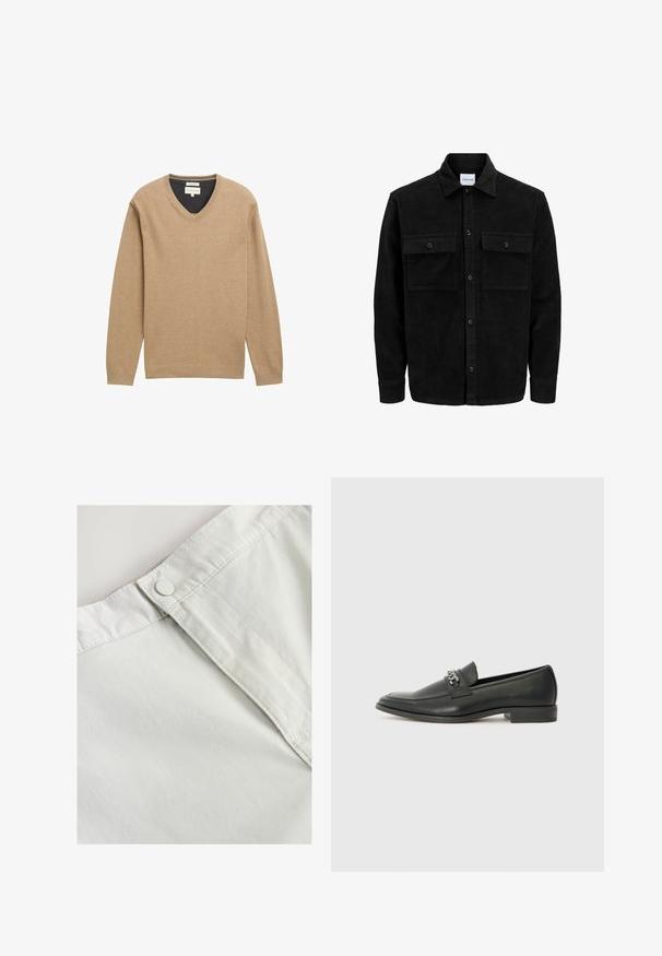 Juodas velveto mygtukų švarkas su dviem priekiniais kišenėmis su atvartais, klasikiniu apykakle, ilgomis rankovėmis ir raukšlėtu paviršiumi.; Smėlio spalvos V formos megztinis, pagamintas iš minkštos audinio, su ilgomis rankovėmis ir gaktos kraštu. Subtilus logotipo akcentas krūtinėje.; Baltas medvilnės audinys su mygtuko uždarymu juosmens srityje, pasižymintis subtilia tekstūra ir siuvinėtais detalėmis palei siūles.; Juodos odinės loafer tipo bateliai su lygiu paviršiumi, turintys siuvinėtą dizainą ir dekoratyvų metalo grandinėlės akcentą ant batų viršaus. Plokščias kulnas.