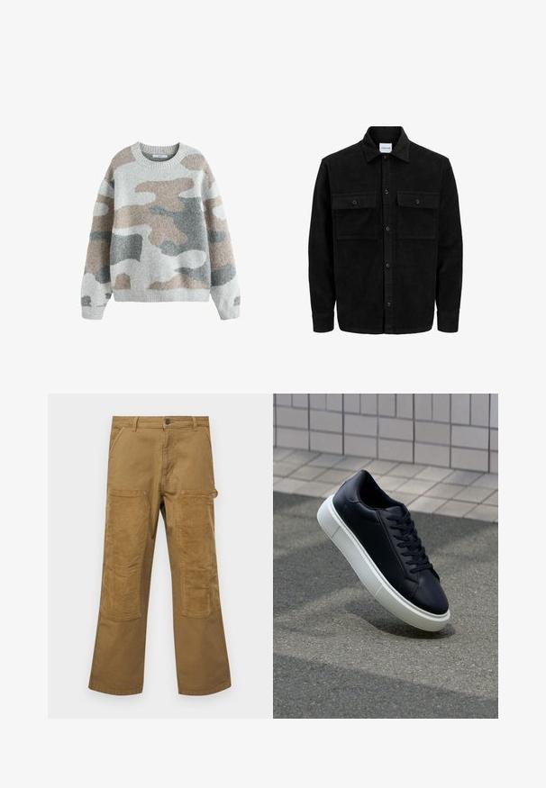Zwarte corduroy knopenjack met twee voorste klepzakken en een klassieke kraag, lange mouwen en ribbelstructuur.; Grijze trui met een camouflagepatroon in tinten beige, lichtgrijs en donkergrijs. Heeft een ronde halslijn en ribgebreide manchetten. Zachte textuur.; Cargo broek van bruin katoen met contrasterende ribgebreide stofpatches, rechte pijpen, vijf zakken en een knoopsluiting.; Zwarte leren sneaker met een ronde neus en een witte rubberen zool. Voorzien van platte veters en minimale stiksels op het bovenwerk. Textuurrijke zool voor grip.
