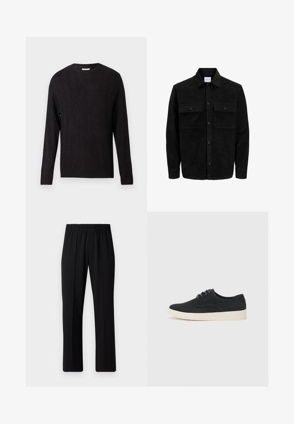 Sort fløjl button-up jakke med to frontlommer og klassisk krave, lange ærmer og ribbet tekstur.; Sort langærmet sweater med chevron-strikmønster og ribbede manchetter og kant, rund halsudskæring, vist på hvid baggrund.; Sorte bukser med elastisk talje og lige ben, der har en glat tekstur og ingen synlige mønstre eller hardware.; Sort ruskind snørebåndssko med rund tå, let cremefarvet sål og diskrete blå sy-accents på overdelen.