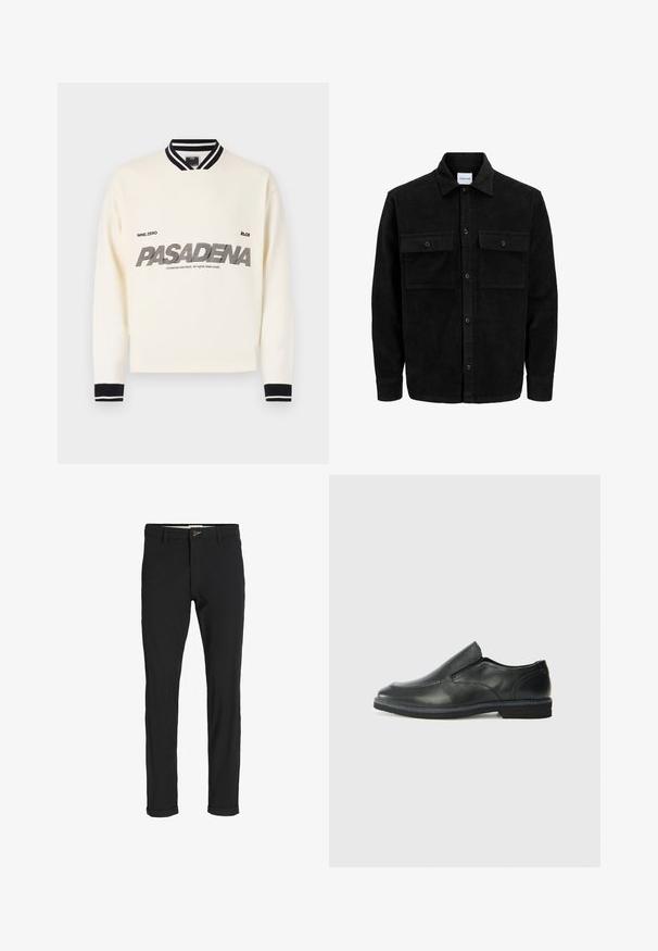 Schwarze Corduroy-Button-Up-Jacke mit zwei frontalem Klappentaschen und klassischem Kragen, langen Ärmeln und gerippter Textur.; Weißer Sweater mit schwarzen Akzenten, mit geripptem Kragen und Bündchen. Auf der Vorderseite steht "PASADENA" in fettem, stilisierten Text.; Schwarze Baumwollmischungshose mit schmalem Schnitt, gekennzeichnet durch einen Knopfverschluss, Taschen und umgeschlagenen Säumen für einen lässigen Abschluss.; Schwarze Leder-Slipper mit glattem Obermaterial, gesteppten Akzenten, runder Zehenpartie und niedrigem Gummiabsatz. Die Sohle hat ein minimales Profil.