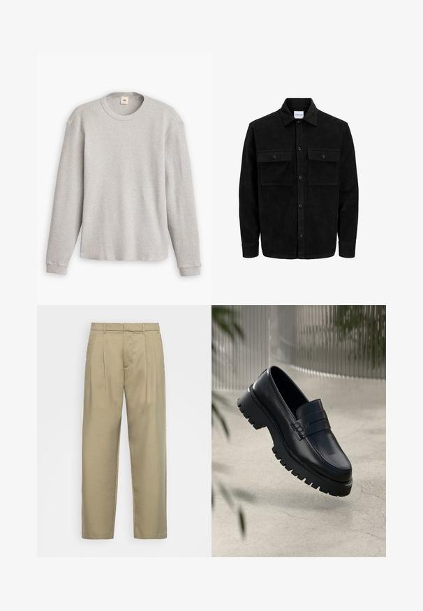 Melnas kordūru pogu jaka ar divām priekšējām atloka kabatām un klasisku apkakli, garām piedurknēm un ribotu tekstūru.; Pelēks garām piedurknēm adīts džemperis ar ribota raksta virsmu, apaļu izgriezumu un taisnu apakšdaļu. Piedurknes ir pieguļoši, izgatavoti no mīkstas auduma.; Bēša, augstās jostas bikses ar taisnu piegriezumu, ar plakanu priekšpusi, sānu kabatām un gludu, teksturētu audumu.; Melni ādas loafers ar masīvu protektora zoli, ar dekoratīvu siksnu un šuvuma detaļām. Gluda tekstūra ar spīdīgu apdari.