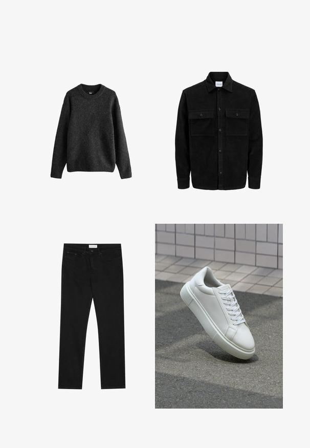 Giacca in corduroy nera con bottoni, due tasche anteriori con patta, colletto classico, maniche lunghe e texture a coste.; Maglione grigio scuro, realizzato in un misto di lana testurizzata, con collo rotondo, maniche lunghe e polsini e orlo a coste. Design semplice.; Jeans neri a gamba dritta con design a cinque tasche, chiusura con bottone e zip, e etichetta del marchio Pier One sulla cintura.; Sneaker bianco in pelle con superficie liscia, punta rotonda e lacci piatti bianchi. Presenta una suola in gomma texturizzata e un design minimale.