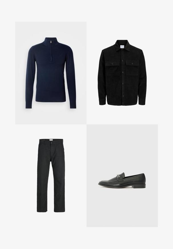 Chaqueta de pana negra con botones, dos bolsillos delanteros con solapa y un cuello clásico, mangas largas y textura acanalada.; Suéter de punto en azul marino oscuro con un alto cuello, que presenta un cierre de cuarto y puños acanalados. Textura suave y diseño minimalista.; Pantalones negros de tela duradera, con un diseño de pierna recta, detalles cosidos y dos bolsillos frontales para mayor funcionalidad.; Mocasín de cuero negro con un acabado suave, que cuenta con un diseño de costura y un acento decorativo de cadena de metal en el empeine. Tacón plano.