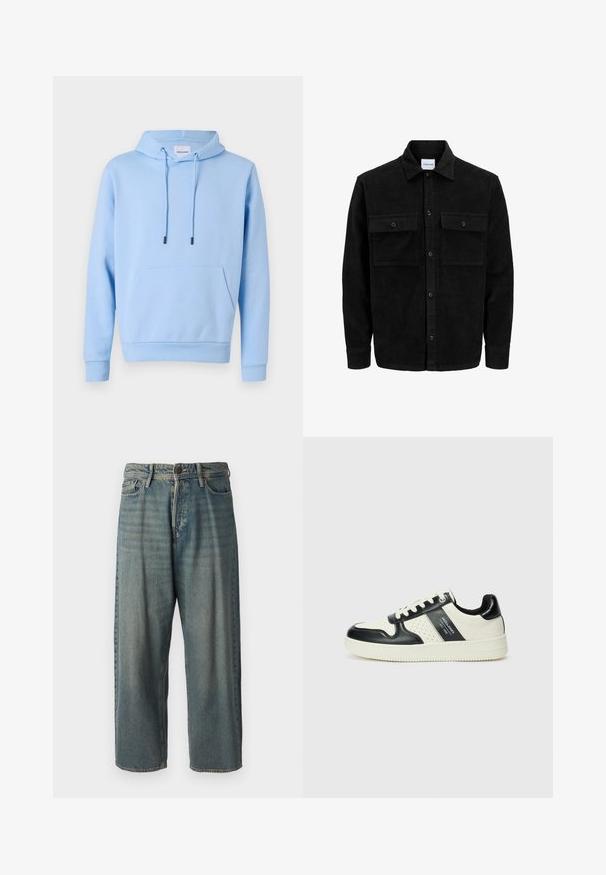 Black corduroy button-up jacket with two front flap pockets and a classic collar, long sleeves, and ribbed texture.; Light blue hoodie in soft material, featuring a front kangaroo pocket, adjustable drawstrings, and ribbed cuffs and hem.; Light blue denim jeans with a loose fit, mid-rise waist, and straight legs. Features five pockets, belt loops, and a button closure.; Leather sneakers with a black and cream color scheme, featuring perforated accents, a padded collar, and a textured outsole.