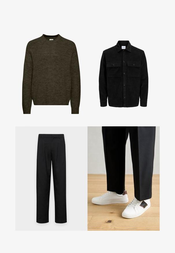 Svart kordfløyels knappjakke med to frontlommer med klaff og klassisk krage, lange ermer og ribbet tekstur.; Mørkegrønn strikkegenser med rund hals, lange ermer og ribbestrikkede mansjetter. Myk tekstur med en lett fuzzy finish.; Sorte bukser laget av glatt stoff, med rette ben, to frontfoldninger og standard liv med beltehemper.; Hvite sneakers med glatt tekstur, med brune skinnakenter og svart detaljer, parret med svarte skreddersydde bukser. Bakgrunn med tregulv.