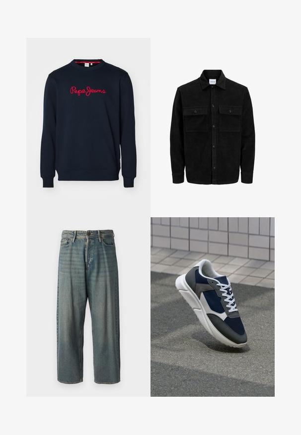 Črna kordurojska jakna z gumbi, z dvema sprednjima žepoma z zavihkom in klasičnim ovratnikom, dolgimi rokavi ter rebrasto teksturo.; Svetra v mornarsko modri barvi iz bombaža, z dolgimi rokavi, okroglim izrezom in rdečim vezenim logotipom "Pepe Jeans" spredaj.; Svetlomoderne kavbojke z ohlapnim krojem, srednjim pasom in ravnimi nogami. Imajo pet žepov, zanke za pas in zapiranje na gumb.; Superge z zgornjim delom iz mrežaste tkanine v mornarsko modri barvi, sivi usnjeni poudarki, belo gumijasto podplato in ravnimi belimi vezalkami, zasnovane za udobje in zračnost.