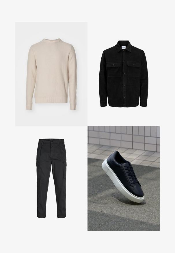Black corduroy button-up jacket with two front flap pockets and a classic collar, long sleeves, and ribbed texture.; Knit sweater in light beige with a textured pattern, round neckline, ribbed cuffs and hem, crafted from a soft, warm material.; Black cargo pants made of sturdy fabric, featuring multiple pockets, a button closure, and a slim fit design with tapered legs.; Black leather sneaker with rounded toe and white rubber sole. Features flat laces and minimal stitching on the upper. Textured sole for grip.