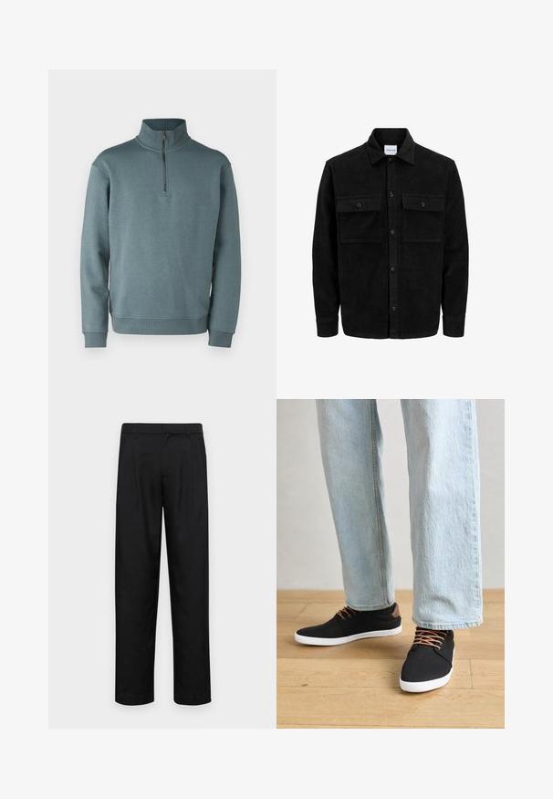 Giacca in corduroy nera con bottoni, due tasche anteriori con patta, colletto classico, maniche lunghe e texture a coste.; Jack & Jones JJEBRADLEY HALF ZIP NOOS - Felpa - goblin blue; Pantaloni neri realizzati in tessuto liscio, caratterizzati da un taglio dritto, due pieghe frontali e una vita standard con passanti per la cintura.; Sneaker nere in tela con dettagli marroni, suole in gomma bianca e lacci marroni, abbinate a jeans dritti azzurri. Sfondo in legno.
