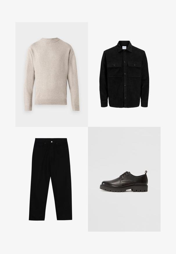 Mustmustöös nupuga jope, millel on kaks eesmist klapiga taskut ja klassikaline kaelus, pikad varrukad ning ribakujuline tekstuur.; Beez valge kootud kampsun ümmarguse kaelusega, soonikkäte ja -äärega ning pehme tekstuuriga. Omab lõdva lõiget ja pikki varrukaid.; Mustadest denimist püksid, millel on sirge jalg, viie tasku disain ja eesnupuga sulgur. Sile tekstuur koos minimaalsete õmblustega.; Must musta lamed nööridega kingad, millel on sile viimistlus, ümar varvas, paks kummist talla muster ja väike kanna sild.