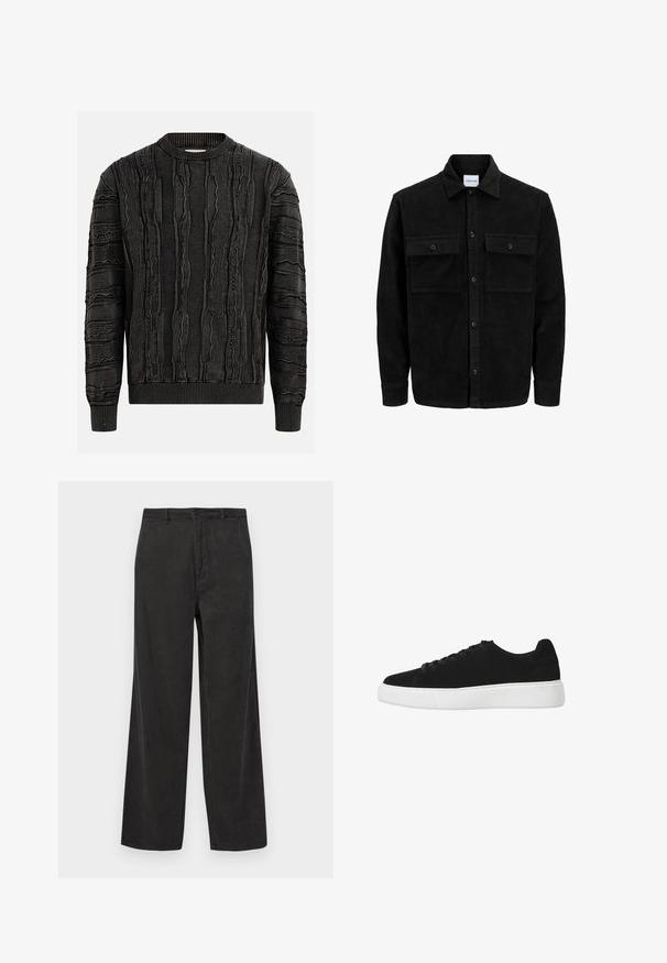 Zwarte corduroy knopenjack met twee voorste klepzakken en een klassieke kraag, lange mouwen en ribbelstructuur.; Zwarte trui met een gestructureerd oppervlak met verhoogde, golvende patronen. Geribbelde ronde halslijn en mouwen, die zorgen voor een aansluitende silhouet.; Zwarte corduroypantalon met een wijdbenig ontwerp, voorzien van een verticale ribbeltextuur, een ritssluiting met knoopsluiting en voorzakken.; Zwarte suède sneaker met een afgeronde neus, vetersluiting aan de voorkant en witte rubberen zool. Eenvoudig ontwerp met minimale accenten en een gladde textuur.