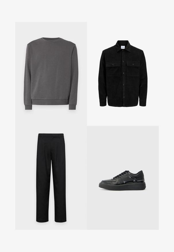 Čierna kordúrová bunda s gombíkmi, dvoma prednými vreckami so záklopkou a klasickým golierom, dlhými rukávmi a ryhovanou textúrou.; Sivý sveter vyrobený z mäkkého materiálu, s okrúhlym výstrihom, dlhými rukávmi, rebrovanými manžetami a rovnou spodnou časťou pre uvoľnený strih.; Čierne nohavice vyrobené z hladkej tkaniny, s rovnými nohavicami, dvoma prednými skladmi a štandardným pásom s pútkami na opasok.; Čierne kožené tenisky s hladkým povrchom, okrúhlou špičkou a kontrastnou čiernou gumovou podrážkou. Majú ploché šnúrky a branding na boku.
