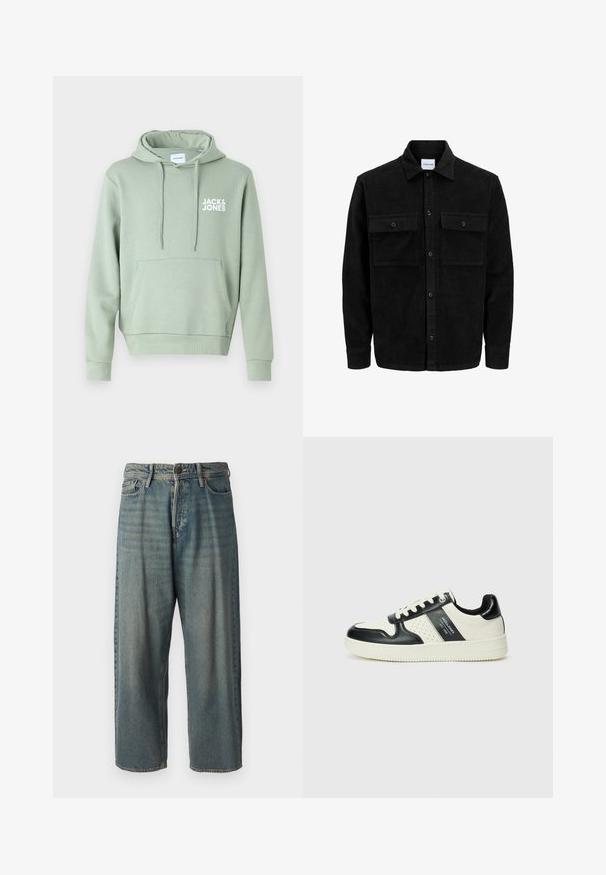 Melnas kordūru pogu jaka ar divām priekšējām atloka kabatām un klasisku apkakli, garām piedurknēm un ribotu tekstūru.; Jack & Jones JJECORP LOGO HOOD - Džemperis ar kapuci - iceberg green; Gaiši zili džinsi ar brīvu piegriezumu, vidējo jostas augstumu un taisnām kājām. Satur piecas kabatas, jostas cilpas un pogu aizdari.; Ādas sporta apavi ar melnbaltu krāsu shēmu, ar perforētiem akcentiem, mīkstinātu apkakli un teksturētu zoli.
