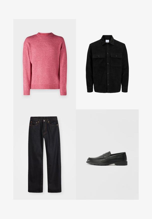 Crni kožni kord jakna na dugmad s dva prednja džepa s preklopom i klasičnim ovratnikom, dugim rukavima i rebrastom teksturom.; Jack & Jones JOROLLIE CREW NECK - Vesta - fuchsia rose; Muške traperice ravnog kroja, crne boje, s pet džepova i narančastim šavovima, sa zatvaranjem na dugme i patentni zatvarač na prednjem dijelu struka.; Crne kožne mokasine s glatkom površinom, gornji dio u stilu mokasina, ojačani šavovi i gumeni potplat. Klasičan dizajn s niskom petom.