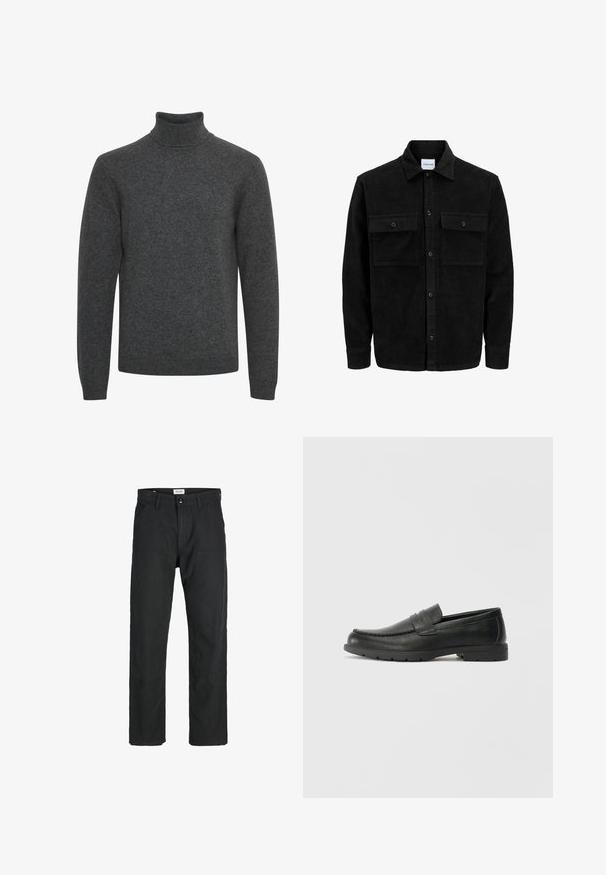 Črna kordurojska jakna z gumbi, z dvema sprednjima žepoma z zavihkom in klasičnim ovratnikom, dolgimi rokavi ter rebrasto teksturo.; Temno siva pulover s turtleneck ovratnikom, izdelan iz mehke pletene tkanine; ima dolge rokave in rebrast ovratnik ter gladko teksturo po celotni površini.; Črne hlače iz trpežnega materiala, s krojem naravnih nog, našitki ter dvema sprednjima žepoma za funkcionalnost.; Črne usnjene loafer čevlje z gladko površino, zgornjim delom v slogu mokasin, šivanimi detajli in gumijastim podplatom. Klasična zasnova z nizko peto.