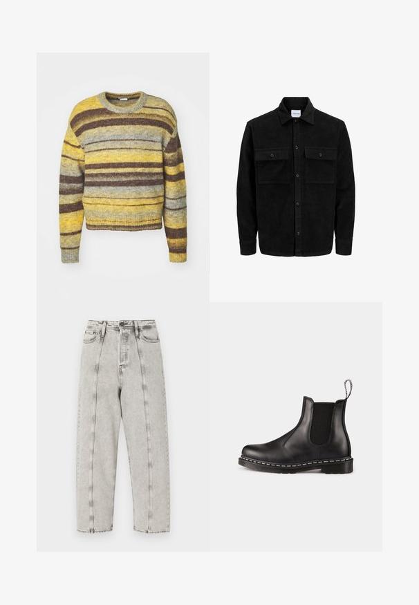 Black corduroy button-up jacket with two front flap pockets and a classic collar, long sleeves, and ribbed texture.; Striped sweater with a round neckline, featuring shades of yellow, gray, and brown. Made from textured knit fabric, with long sleeves.; Gray high-waisted jeans with a loose fit, featuring a straight leg design, visible stitching, and distressed texture.; Black leather Chelsea boot with elastic side panels, rounded toe, pull tab, white stitching on the sole, and textured rubber outsole.