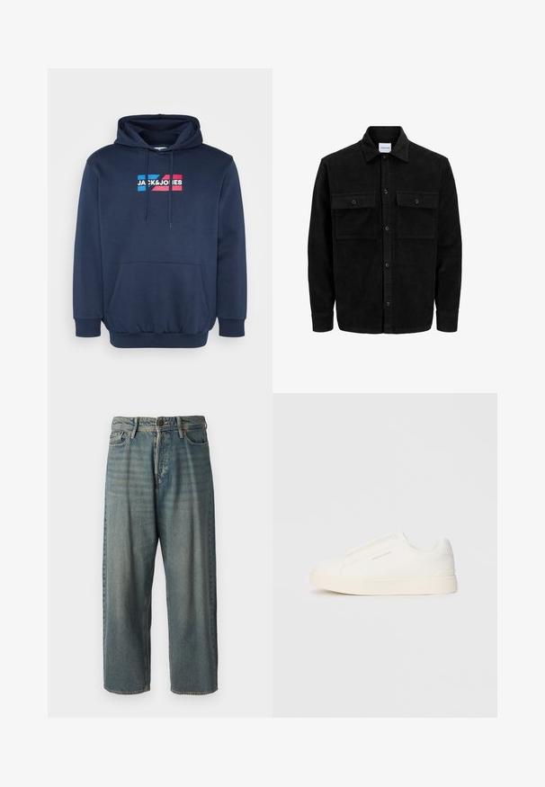 Melnas kordūru pogu jaka ar divām priekšējām atloka kabatām un klasisku apkakli, garām piedurknēm un ribotu tekstūru.; Tumši zils kapucejais krekls, izgatavots no kokvilnas auduma, ar kabatu priekšpusē, ar balto un krāsaino logotipu "JACK&JONES" uz krūts.; Gaiši zili džinsi ar brīvu piegriezumu, vidējo jostas augstumu un taisnām kājām. Satur piecas kabatas, jostas cilpas un pogu aizdari.; Baltas slip-on sporta apavi ar teksturētu virsmu, biezu zoli un minimālistisku dizainu. Sānos redzams zīmola logotips.