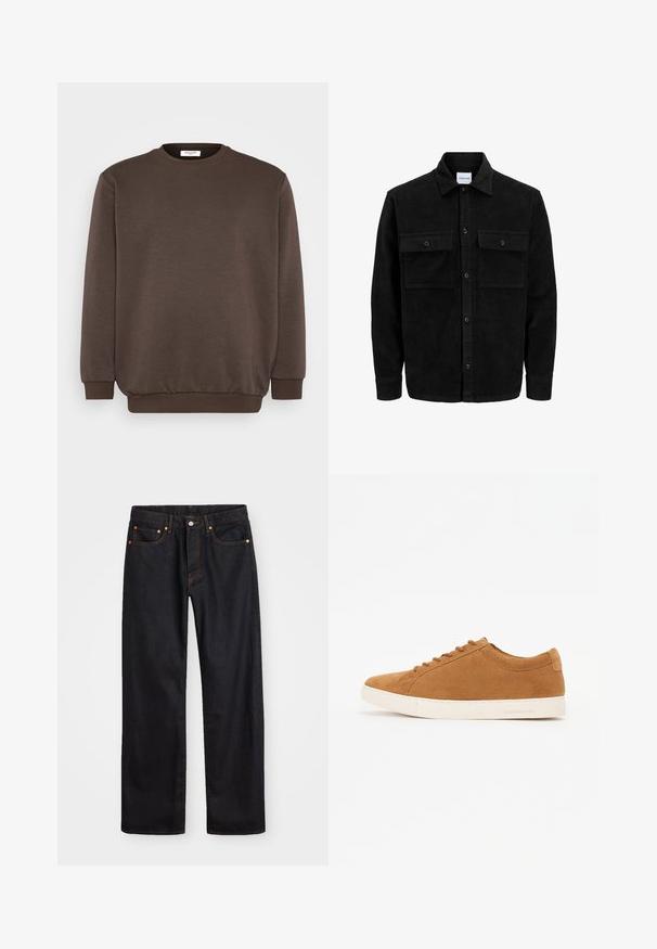 Sort fløjl button-up jakke med to frontlommer og klassisk krave, lange ærmer og ribbet tekstur.; Jack & Jones JJEBRADLEY CREW - Sweatshirt - mulch; Mænds lige ben sorte denim jeans med fem lommer og orange syninger, knap- og lynlåslukning foran på taljen.; Brune ruskind sneakers med et lavt design, hvid gummisål og rund tå. Har matchende snørebånd og minimal branding på hælen.