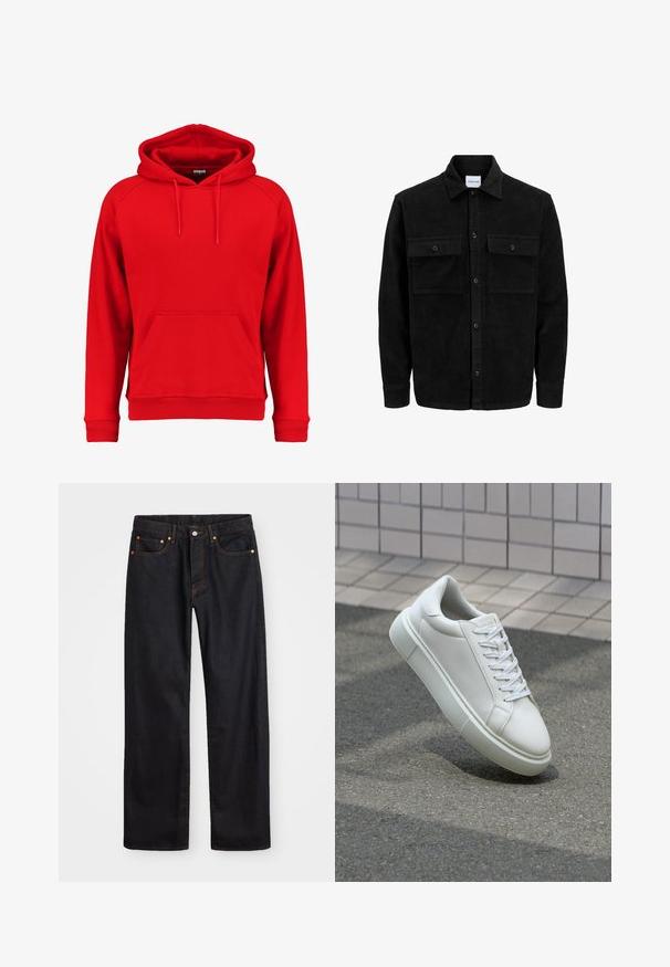 Čierna kordúrová bunda s gombíkmi, dvoma prednými vreckami so záklopkou a klasickým golierom, dlhými rukávmi a ryhovanou textúrou.; Červená mikina s kapucňou vyrobená z mäkkej látky, s prednou vreckom, šnúrkou na kapucni a pružnými manžetami a spodným okrajom. Jednoduchý dizajn bez viditeľných log.; Pánske rovné čierne riflové nohavice s piatimi vreckami a oranžovým prešívaním, s gombíkom a zipsom na prednom páse.; Biele kožené tenisky s hladkým povrchom, okrúhlym špičkou a plochými bielymi šnúrkami. Obsahuje štruktúrovanú gumovú podrážku a minimalistický dizajn.