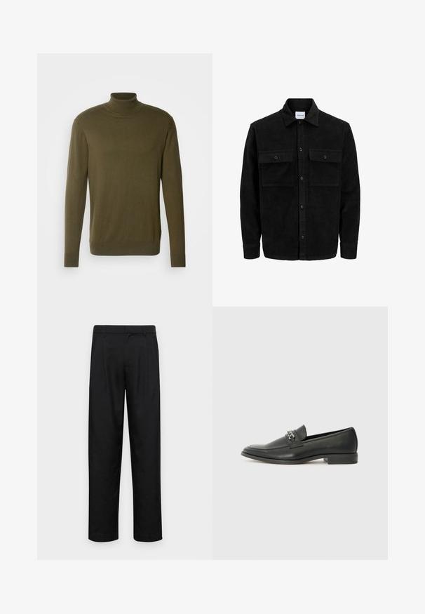 Jachetă din catifea neagră, cu butoni, două buzunare frontale cu clapetă și un guler clasic, mâneci lungi și textură ribbed.; Pulover în nuanță de verde măsliniu cu guler înalt, confecționat dintr-un material neted și ușor; are mâneci lungi și manșete și tiv cu nervuri.; Pantaloni negri dintr-un material neted, cu un design drept, două pliuri frontale și un tiv standard cu bucle pentru curea.; Pantofii negri din piele cu un finisaj neted, având un design cusut și un accent decorativ de lanț metalic peste partea de sus. Toc plat.