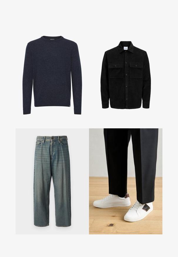 Black corduroy button-up jacket with two front flap pockets and a classic collar, long sleeves, and ribbed texture.; Dark blue sweater made of a soft, textured fabric. Features a crew neckline, long sleeves, and ribbed cuffs and hem. Simple design.; Light blue denim jeans with a loose fit, mid-rise waist, and straight legs. Features five pockets, belt loops, and a button closure.; White sneakers with smooth texture, featuring brown leather accents and black detailing, paired with black tailored pants. Wooden floor background.